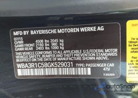 2016 BMW 435I из США, поврежденный, VIN WBA3R1C58GK529031